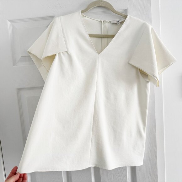 Tibi Chalky Drape V-Neck Top With Folded Sleeve in White, size 12 - Picture 6 of 12